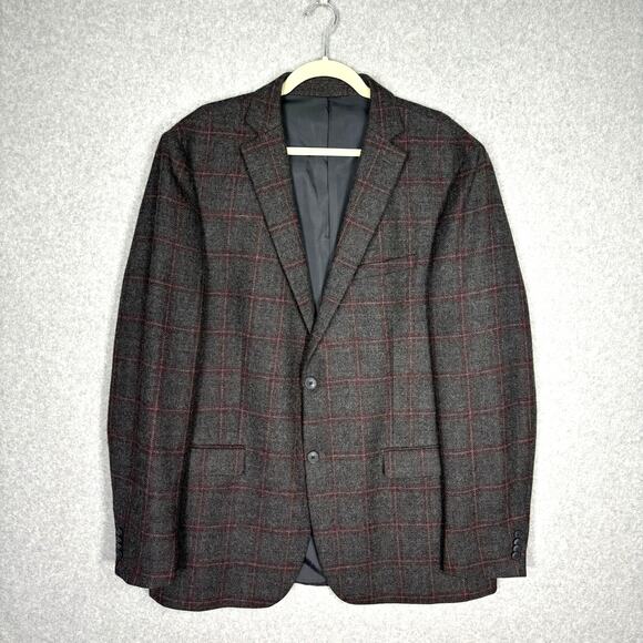 Michael‎ Kors Sport Coat Blazer 44L Gray Plaid Tweed Windowpane Wool Double Vent - Picture 1 of 15